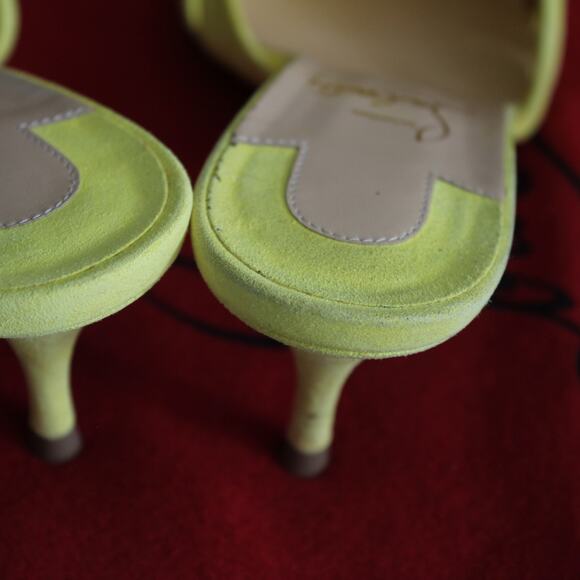 Christian Louboutin Belbrossa Yellow Suede Pompom Fringe Slip-On Kitten Heels - Picture 10 of 16